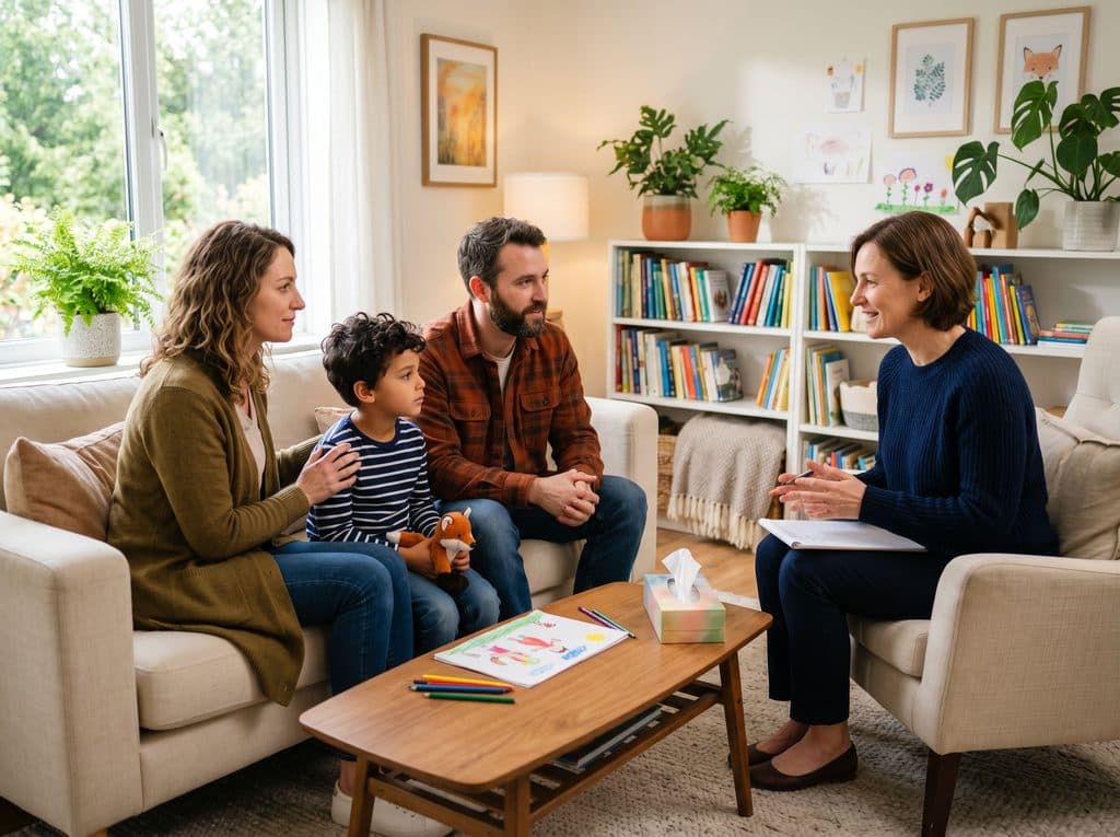 Familia recibiendo apoyo psicológico infantil en Centro Orienta en Ferrol